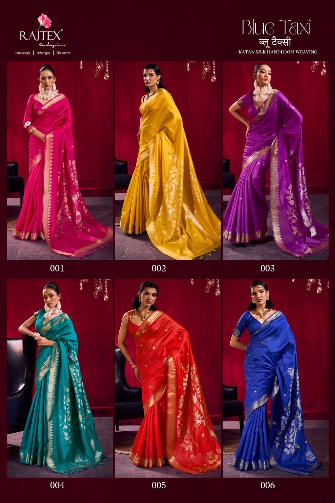 Blue Taxi By Raj Tex 001 to 006 Series Indian Traditional Wear Collection Beautiful Stylish Fancy Colorful Party Wear & Occasional Wear Satin Crepe Sarees At Wholesale Price